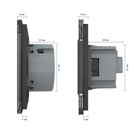 Сенсорный выключатель комбинированный на 2 линии 2 розетки 3 модуля Черный Livolo