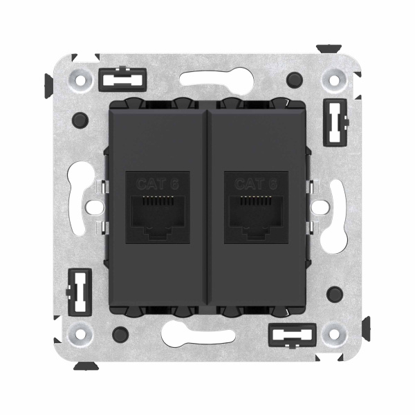 Компьютерная розетка RJ-45 без шторки в стену, кат.6 двойная, "Avanti", "Черный матовый" DKC Компьютерная розетка RJ-45 без шторки в стену, кат.6 двойная, "Avanti", "Черный матовый" DKC