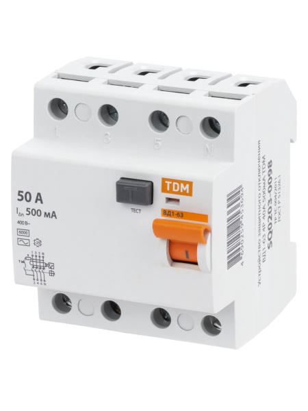 Устройство защитного отключения УЗО ВД1-63 4П 50А 500мА TDM