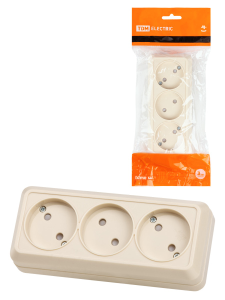 Розетка 3-х местная горизонтальная 2П открытой установки IP20 10A с з/ш сл. кость "Ладога" TDM Розетка 3-х местная горизонтальная 2П открытой установки IP20 10A с з/ш сл. кость "Ладога" TDM