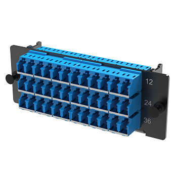 Адаптерная планка 18xLC-UPC Duplex адаптеров (цвет адаптеров - cиний), (c интегрированными шторками), OS2, 1 HU DKC