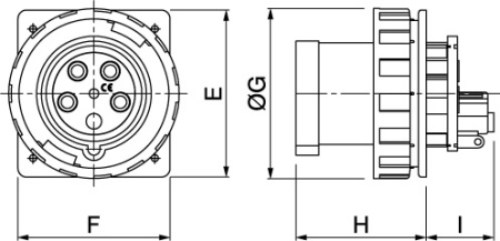 Вилка панельная прямая IP67 63А 3P+E 400В DKC