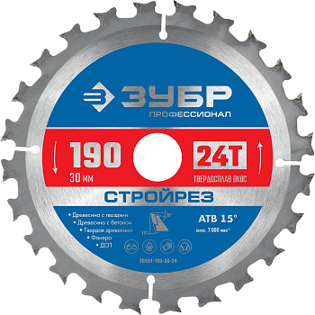 Стройрез 190х30мм 24Т, диск пильный по строительной древесине ЗУБР