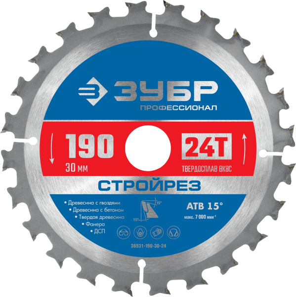 Стройрез 190х30мм 24Т, диск пильный по строительной древесине ЗУБР