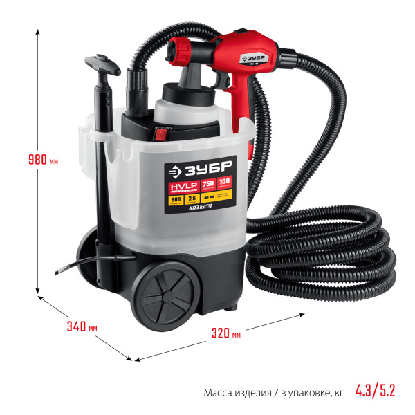 Краскопульт (краскораспылитель) электрич, КПЭ-750, HVLP, 0.8л, краскоперенос 0-800мл/мин,вязкость краски 100 DIN/сек, сопло 2.6мм, 750Вт ЗУБР