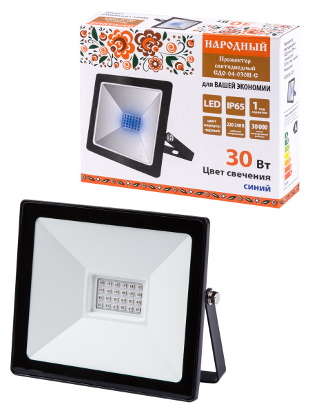 Прожектор светодиодный СДО-04-030Н-С (синий свет) 30 Вт, IP65, черный, Народный TDM Прожектор светодиодный СДО-04-030Н-С (синий свет) 30 Вт, IP65, черный, Народный TDM