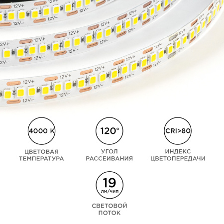 LSE-266 Светодиодная лента 12В, 19,2Вт/м, 2200 лм/м, 4000К, smd2835, 240д/м, IP20, ширина подложки 10мм, 5м, д/б OGM