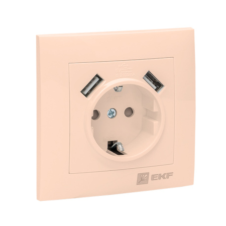 Валенсия Розетка 1-местная с/з 16А кремовая с защ, штор, с 2 USB 2,1А EKF