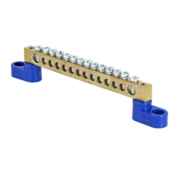 Шина "0" N (6х9мм) 14 отверстий латунь 2 синих угловых изолятора PROxima EKF