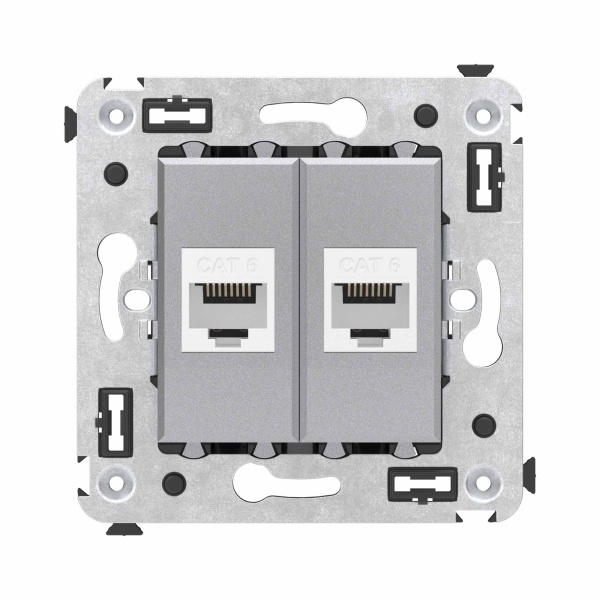Компьютерная розетка RJ-45 без шторки в стену, кат.6 двойная, "Avanti", "Закаленная сталь" DKC