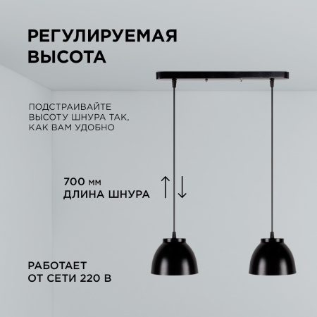 16-63 (1113/2) Светильник декоративный, подвесной, 230В/50Гц, 2хЕ27, мах 40Вт, 415х700х13мм, IP20, металл, чёрный, крепление на планку, лампа в комлек