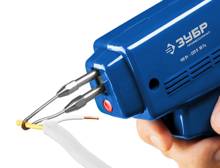 Импульсный паяльник в наборе, 150Вт, нагрев 6 сек., канифоль, припой, 2 сменных жала, в кейсе ЗУБР