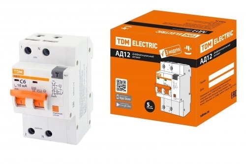 Дифференциальный автоматический выключатель АД12 2П 6А С 10мА 4,5кА тип АС 3 мод TDM фото 2