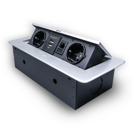 Розетка горизонтальная выдвижная 2 Euro 16А, 2 USB A с блоком 5В/2.1А, RJ45 RocketSocket, проводка, цвет серый