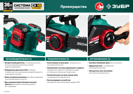 36В бесщеточная пила цепная, без АКБ ПЦЛ-3635 ЗУБР