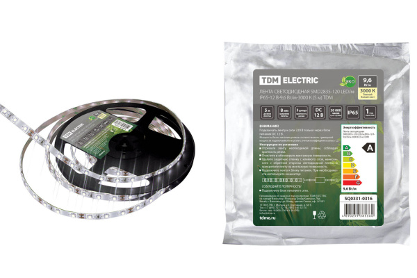 Лента светодиодная SMD2835-120 LED/м-IP65-12 В-9,6 Вт/м-3000 К (5 м) TDM Лента светодиодная SMD2835-120 LED/м-IP65-12 В-9,6 Вт/м-3000 К (5 м) TDM