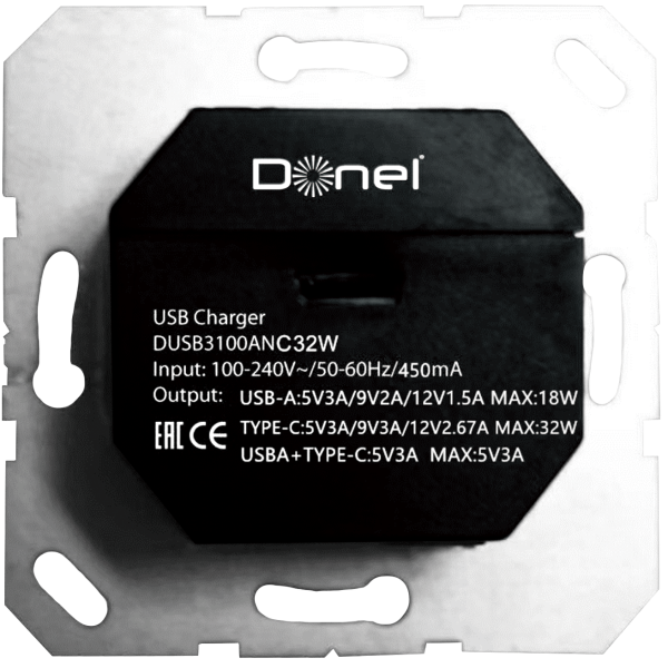 Donel USB зарядное устройство, 3.1A тип A:max 18W,тип С:max 32W, черный, серия DUSB.