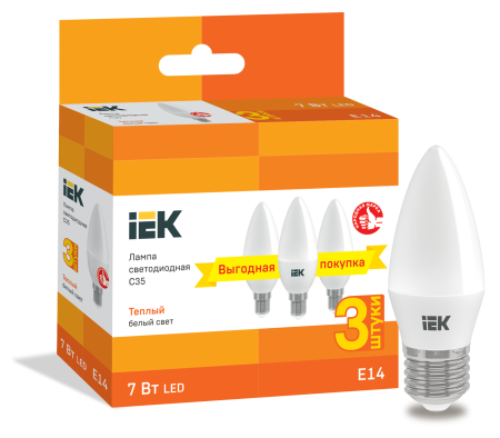 Лампа светодиодная C35 свеча 7Вт 230В 3000К E14 (3шт/упак) IEK