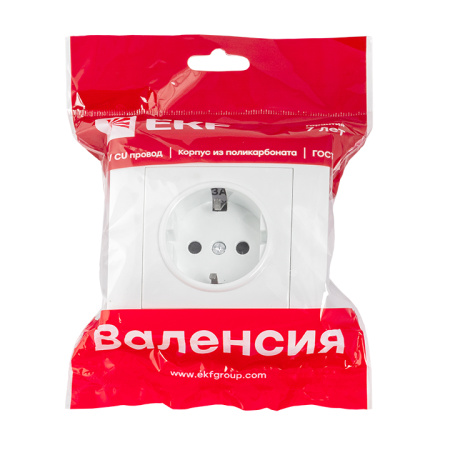Валенсия Розетка 1-местная с/з 16А белая с защ, штор, EKF