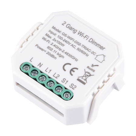 Wi-Fi диммируемое реле 2 канала Белый Max 2x100Вт Ra IP20 L46xW46xH18 230В ST9000.500.02CDIM ST LUCE