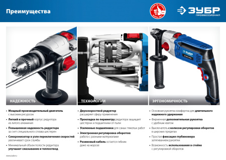 850 Вт ударная 2-х скоростная дрель в кейсе, серия Профессионал ЗУБР