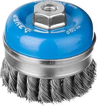 Профессионал. Щетка чашечная усиленная для УШМ, плетеные пучки стальной проволоки 0,5мм, 80ммхМ14 ЗУБР