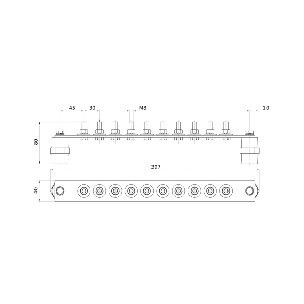 Главная заземляющая шина с изоляторами, 10 подключений, медь DKC