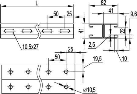 Двойной С-образный профиль 41х41, L800, толщ.2,5 мм, горячеоцинкованный DKC