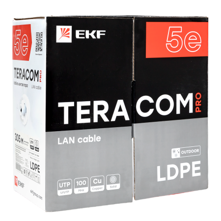 Кабель витая пара TERACOM PRO Cat,5E U/UTP 4 пары solid внешний 24AWG оболочка LDPE цвет черный (упак, 305м) EKF
