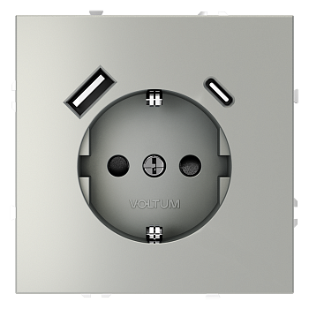 Розетка встраиваемая Voltum S70 с заземлением и защитными шторками, 16А, с USB, A+C, (сталь)