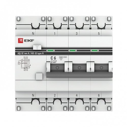 Дифференциальный автоматический выключатель АД-32 3П+N 6А 10мА (хар, С, А, электронный, защита 270В) 6кА PROxima EKF фото 2