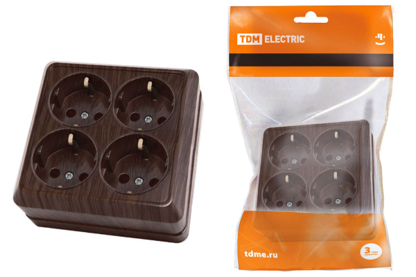 Розетка четырехместная 2П+3 открытой установки IP20 16A бук "Ладога" TDM Розетка четырехместная 2П+3 открытой установки IP20 16A бук "Ладога" TDM