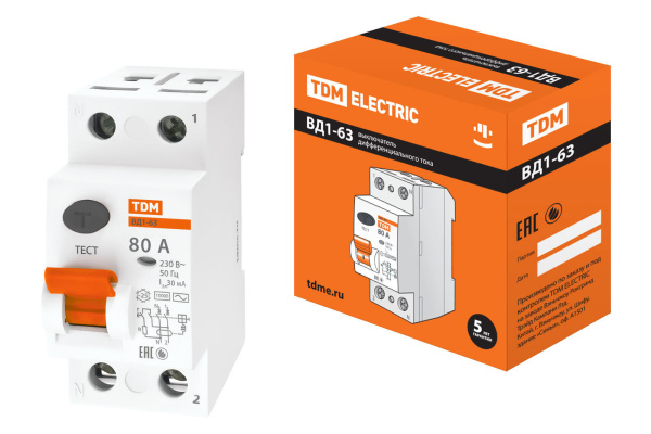 Устройство защитного отключения УЗО ВД1-63 2П 80А 30мА TDM