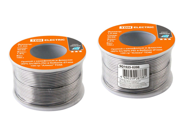 Припой с канифолью и флюсом (60% Sn/40% Pb) в бобине d1мм 100 гр "Алмаз" TDM