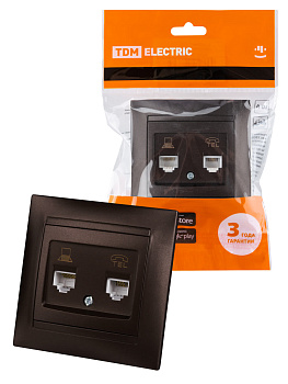 Розетка телефонная RJ11 + компьютерная RJ45 шоколад "Лама" TDM Розетка телефонная RJ11 + компьютерная RJ45 шоколад "Лама" TDM