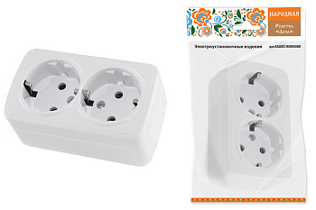 Розетка двойная 2П+3 открытой установки IP20 16А, белая "Дача" Народная Розетка двойная 2П+3 открытой установки IP20 16А, белая "Дача" Народная