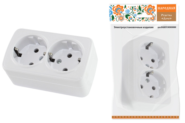 Розетка двойная 2П+3 открытой установки IP20 16А, белая "Дача" Народная Розетка двойная 2П+3 открытой установки IP20 16А, белая "Дача" Народная