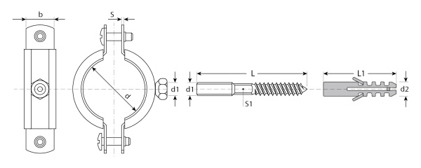 Хомут трубный с гайкой, оцинкованный, в комплекте с сантехнической шпилькой и дюбелем, 3/4", 1шт, ЗУБР