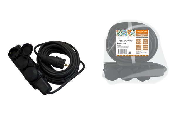 Удлинитель-шнур силовой каучук КГ IP44 3 гнезда с/з, 3700 Вт 30м Народный TDM