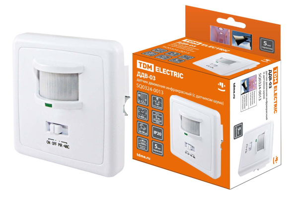 Датчик движения встраив. в стену ДДВ-03 500Вт, 5-480с, 2-12м, 5+Лк, 140гр, 30-90Дб, IP20, TDM