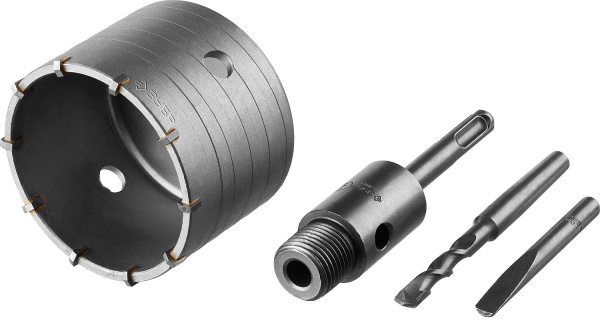 Коронка буровая, коническая посадка центрирующего сверла, SDS-Plus хвостовик, в сборе, 80мм ЗУБР