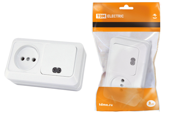 Блок комбинированный выключатель 1-кл. с подсветкой 10А + розетка 2П 10А 250В БКВР IP20 белый "Ладог