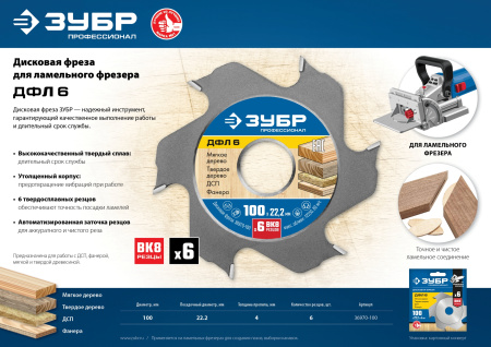 ДФЛ 6, 100х22мм, 6 резцов, дисковая фреза для ламельного фрезера ЗУБР