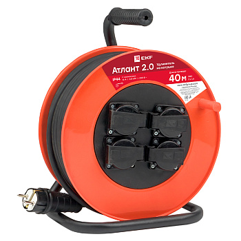 Удлинитель на катушке "Атлант 2,0" 4 гнезда 40м с заземлением ПВС 3*1,5 16А/3,5кВт IP44 PROxima EKF