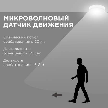 28-14 Светильник светодиодный герметичный с микроволновым датчиком движения 18Вт, 230В/50Гц, 1440Лм, 4000К, IP65, Ф175х55мм, круг, матовый,... APEYRON
