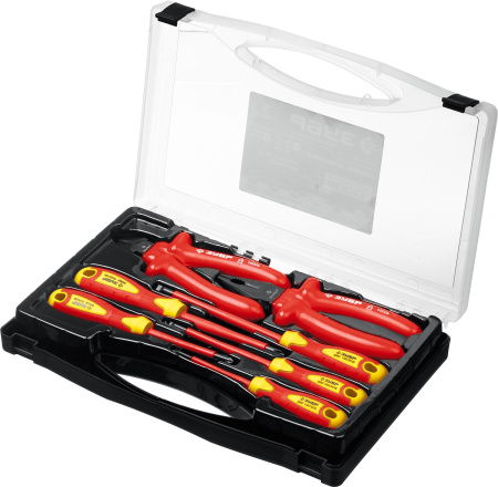 Набор: Губцевый инструмент, диэлектрический, высоковольтный до ~1000В, маслобензостойкая рукоятка, 7предм, Профессионал 2214-H7 ЗУБР