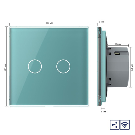 Сенсорный проходной радиоуправляемый выключатель 2 клавиши 1 пост Зеленый Livolo