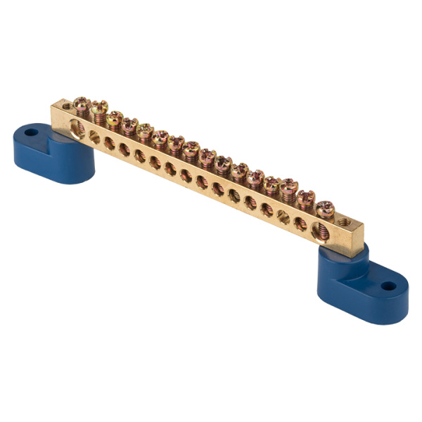 Шина "0" N (8х12мм) 16 отверстий латунь 2 синих угловых изолятора PROxima EKF