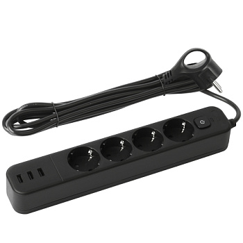 Сетевой фильтр ПВС 3х0.75 4роз+3USB 3м 10А черный термозащита/варист, земля, ЭРА