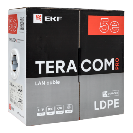 Кабель витая пара TERACOM PRO Cat,5E F/UTP 4 пары solid внешний 24AWG оболочка LDPE цвет черный (упак, 305м) EKF